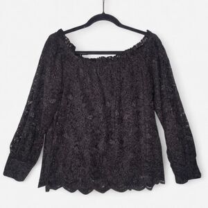 Eri+Ali Black Lace Top with Sheer Sleeves S/M